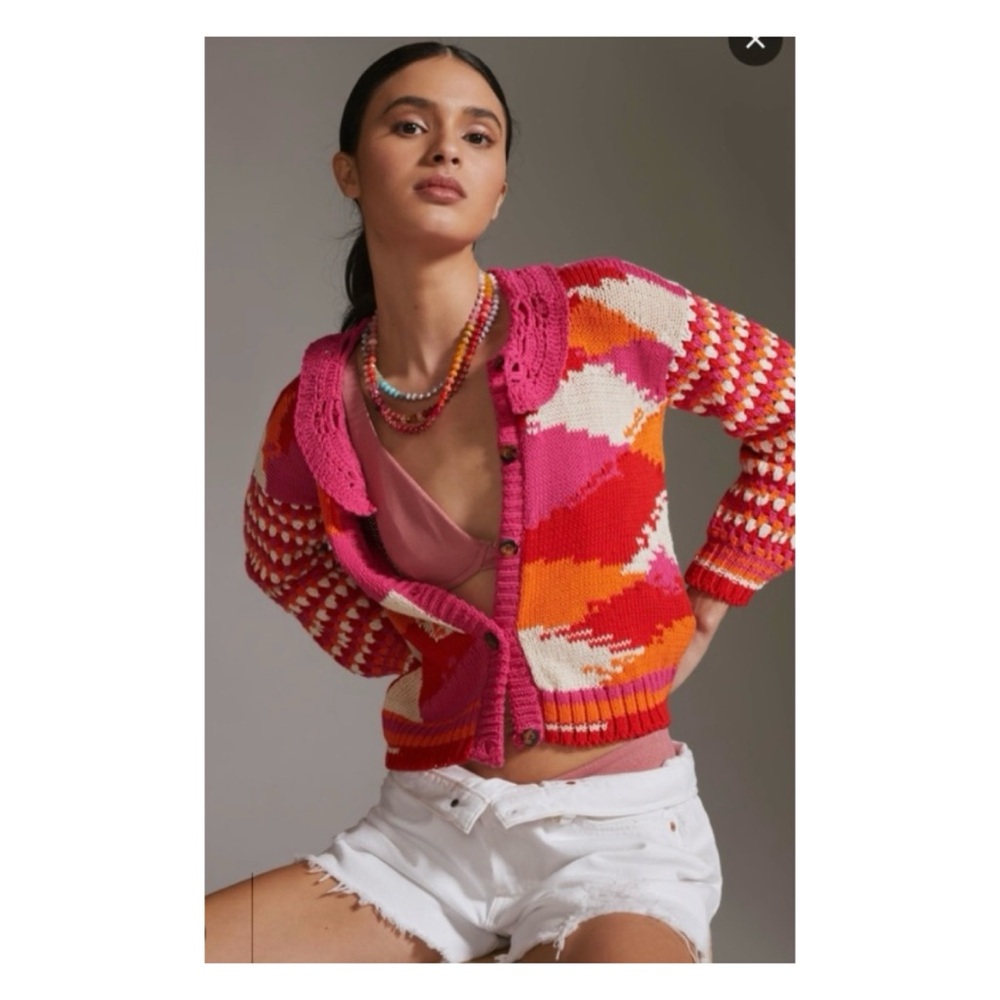 NWOT Anthropologie TACH Mireia Handmade Crochet Knit Cardigan in Pink & Red  S